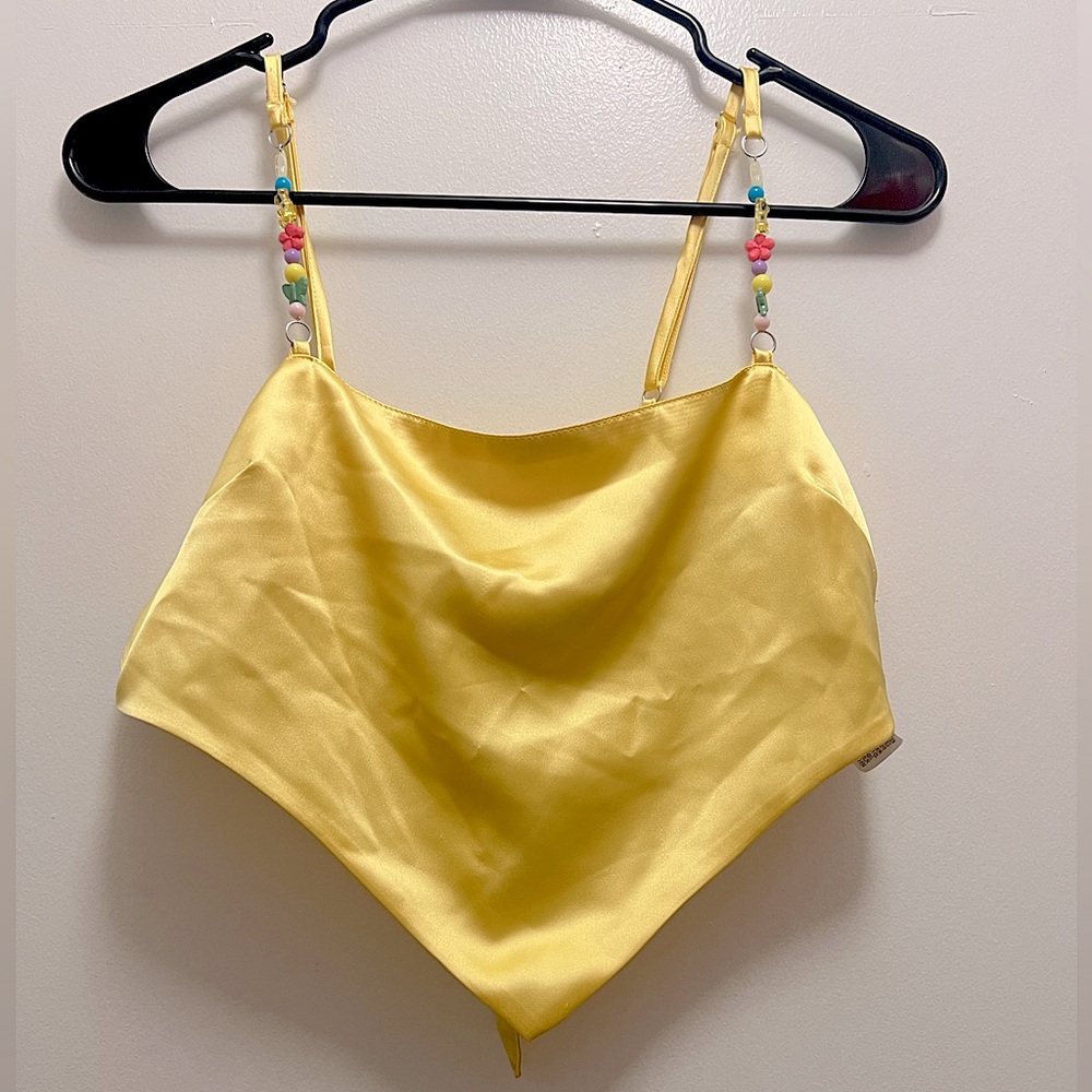 Forever 21 Yellow Satin Crop Top with Beaded Straps, Size M